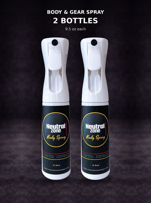 Neutral Zone Clean Body & Gear Spray, 2-pack of 9.5 oz bottles.