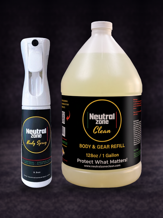 Neutral Zone Clean 9.5 oz Body & Gear Spray with 128 oz / 1 gallon refill.