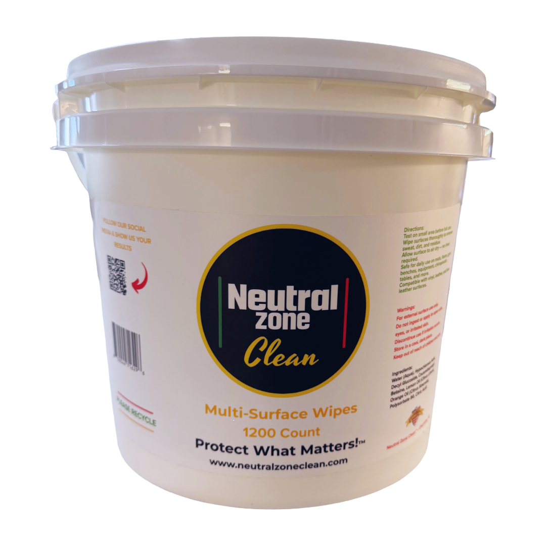 Neutral Zone Clean 1200 Count Multi-Surface Wipes Bucket with label – pre-moistened disinfecting wipes for mats, gym equipment, and training facilities