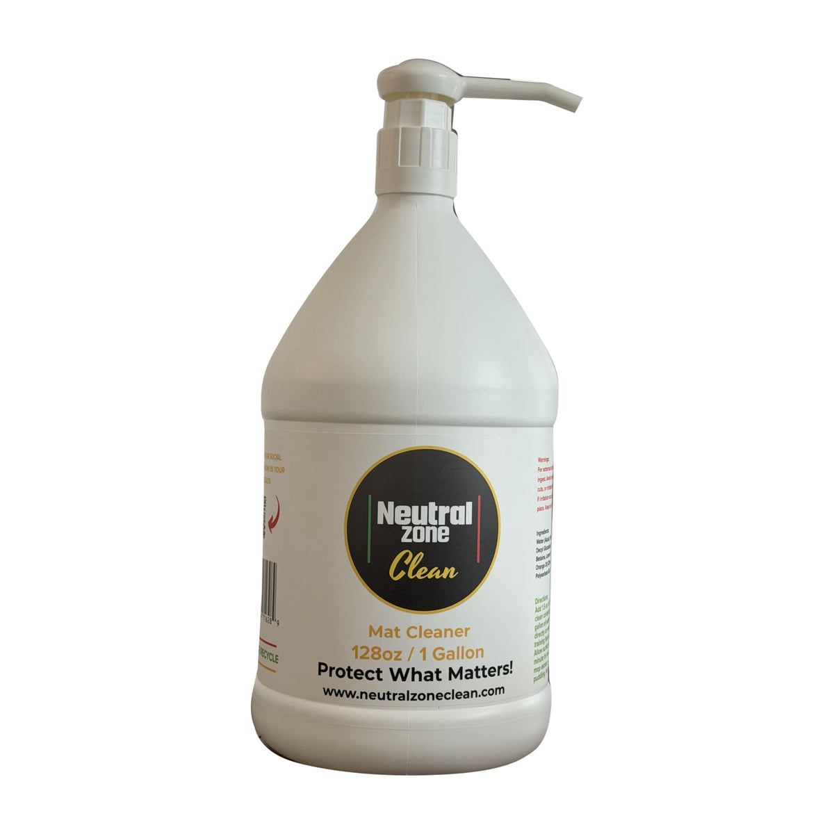 Neutral Zone Clean Mat Cleaner 128 oz (1 gallon) bottle with optional 1 oz dispensing pump on a white background